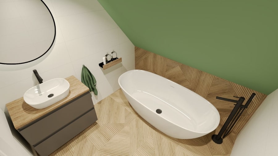 zielona ściana w łazience z drewnianą podłogą 